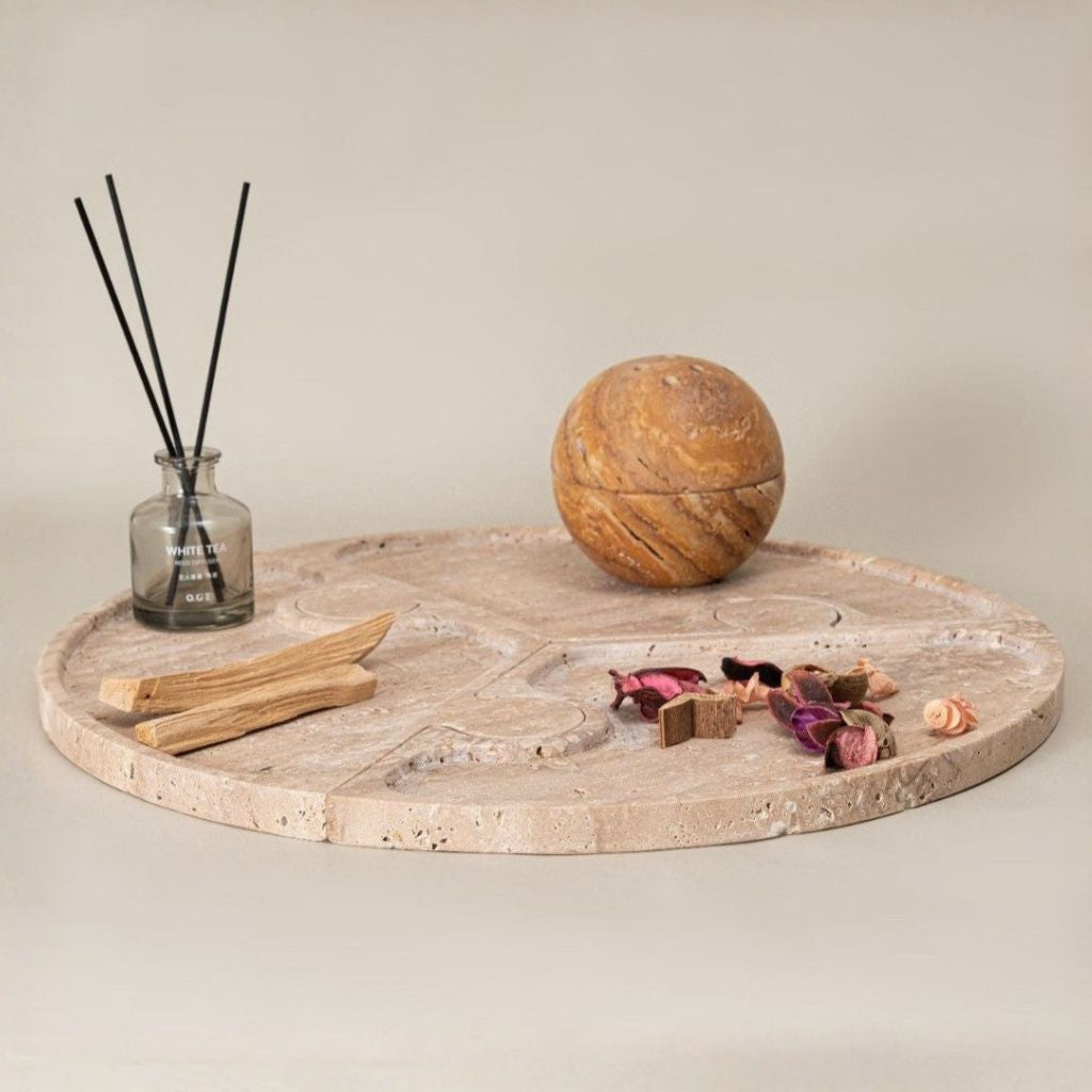 Horae Interlocking Partitioned Circular Travertine Tray