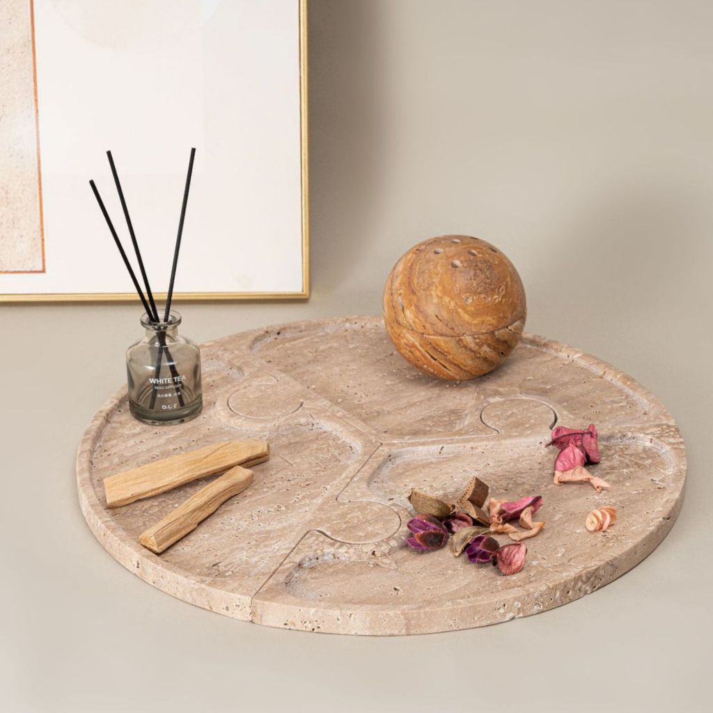 Horae Interlocking Partitioned Circular Travertine Tray