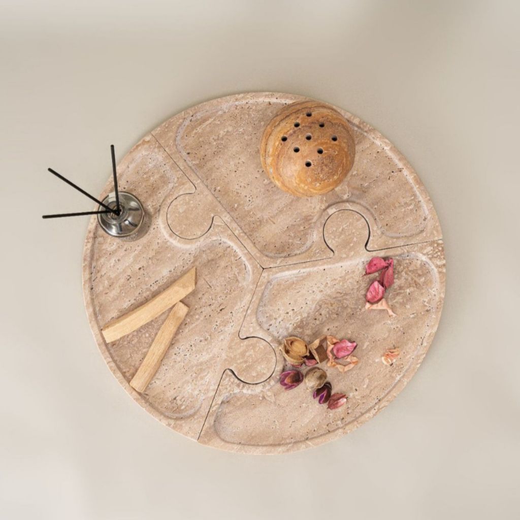 Horae Interlocking Partitioned Circular Travertine Tray