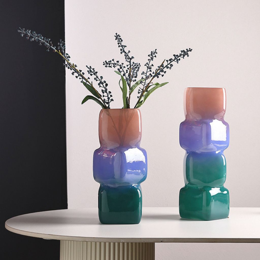 Irisato Gradient Geometric Stacked Cube Glass Vase