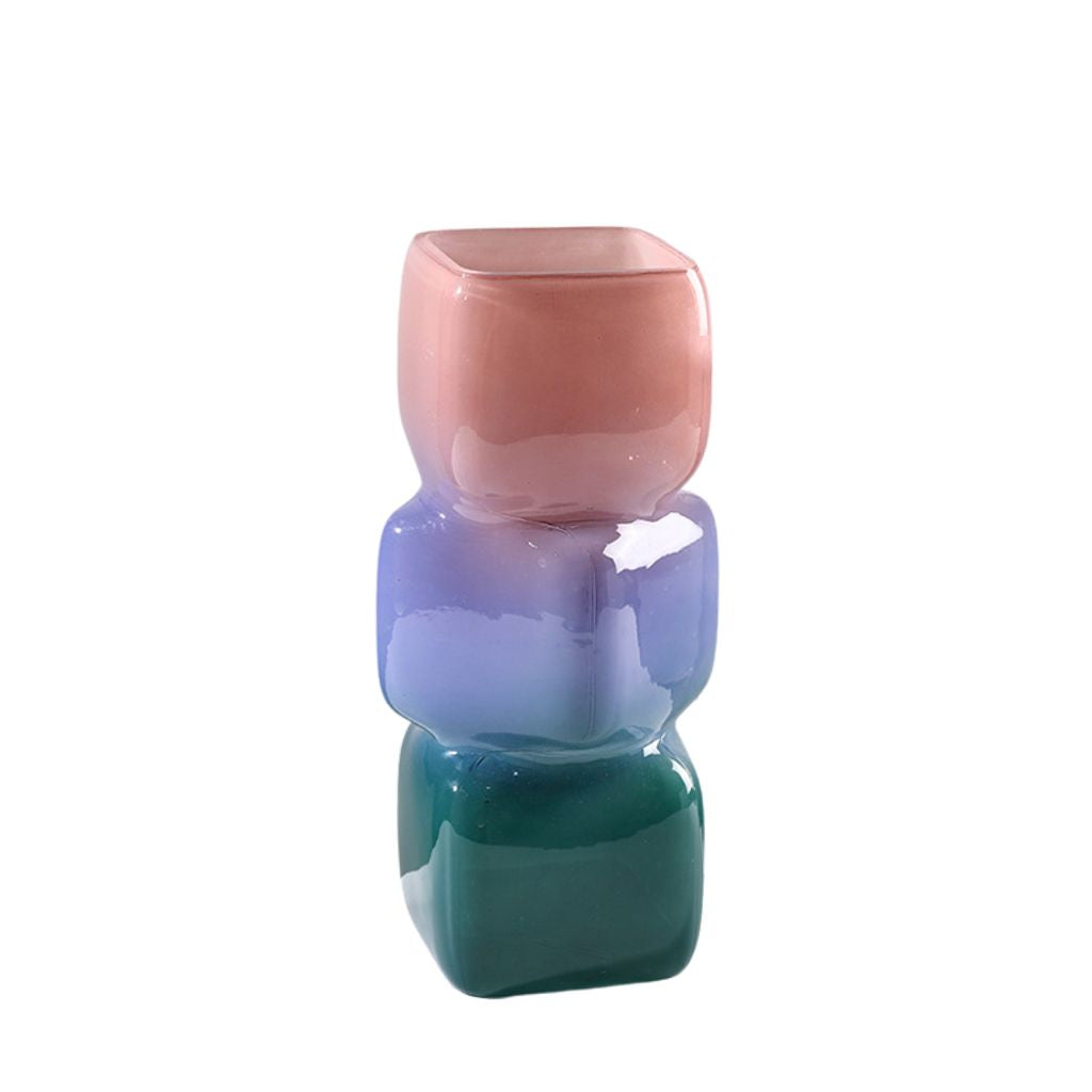 Irisato Gradient Geometric Stacked Cube Glass Vase
