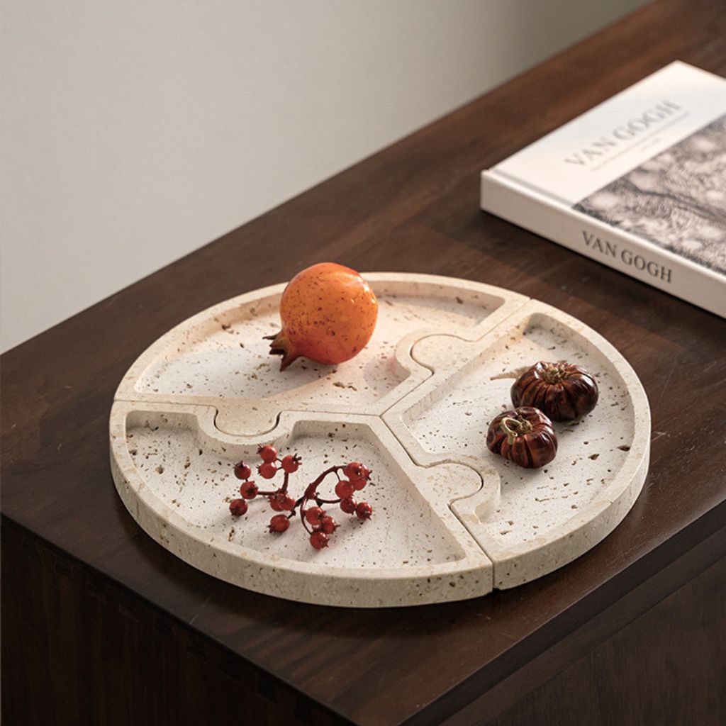 Horae Interlocking Partitioned Circular Travertine Tray