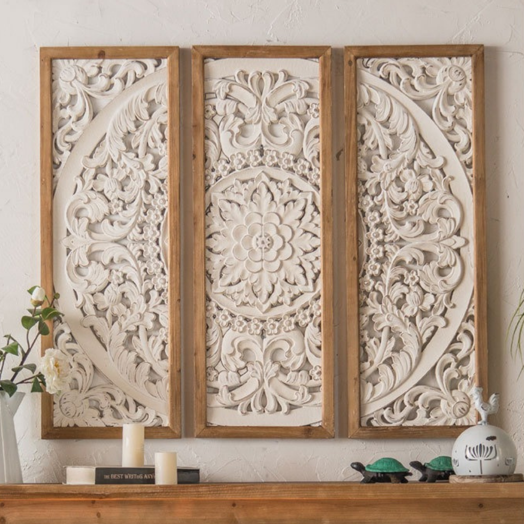 Jali Wooden Triptych Wall Panel صورة ثانوية