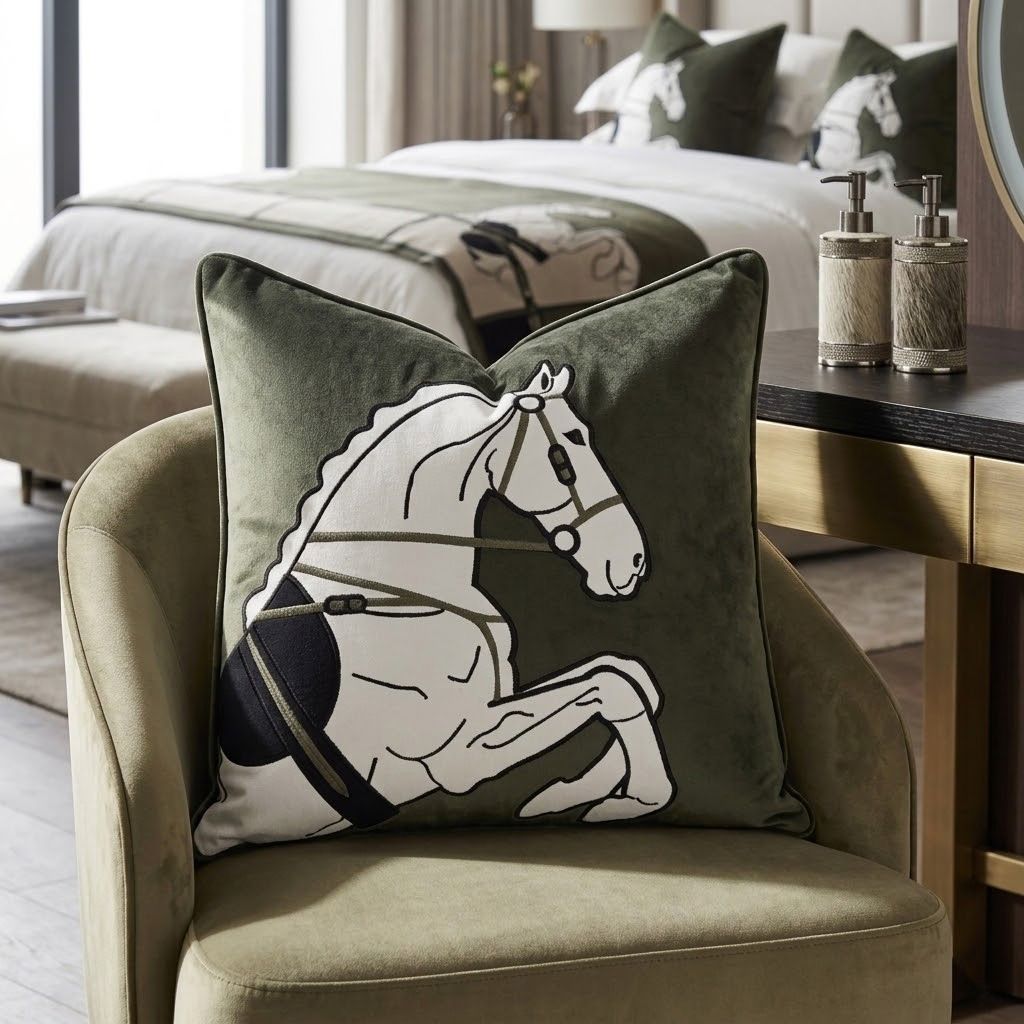 Hollis Equestrian Motif Velvet Throw Pillow