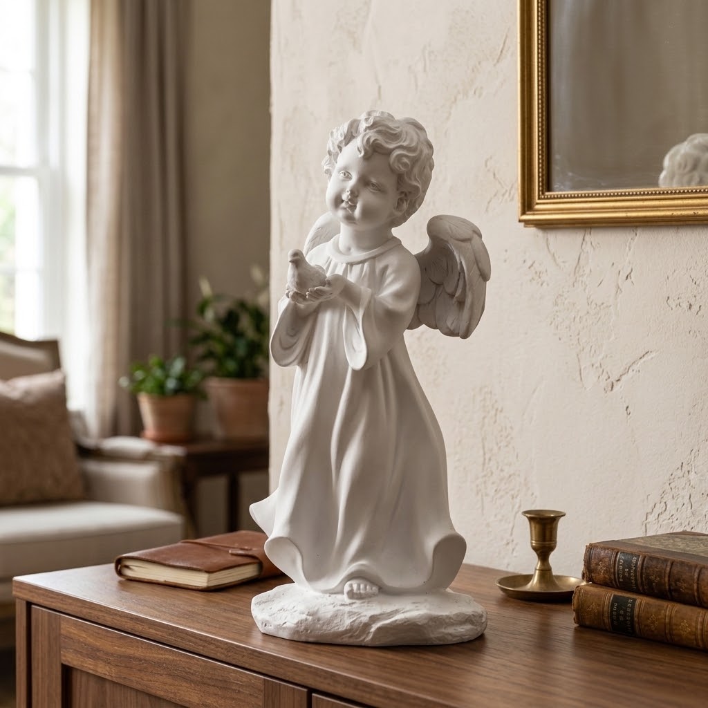 Allegra Cherub Holding Bird Sculpture