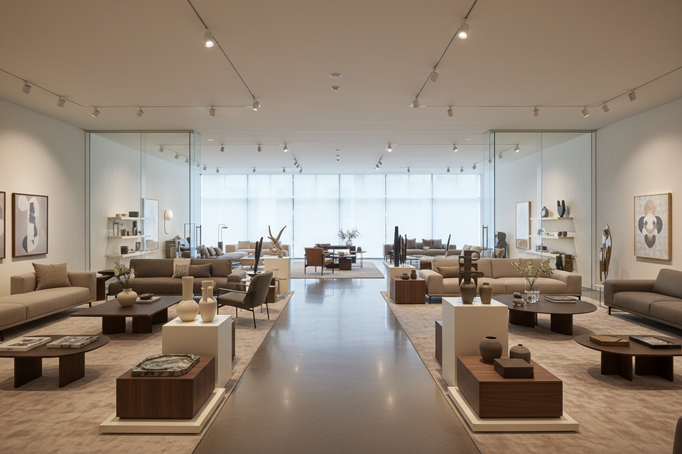 A wide shot of a large, chic home decor showroom. Modern furniture and accessories. No people.